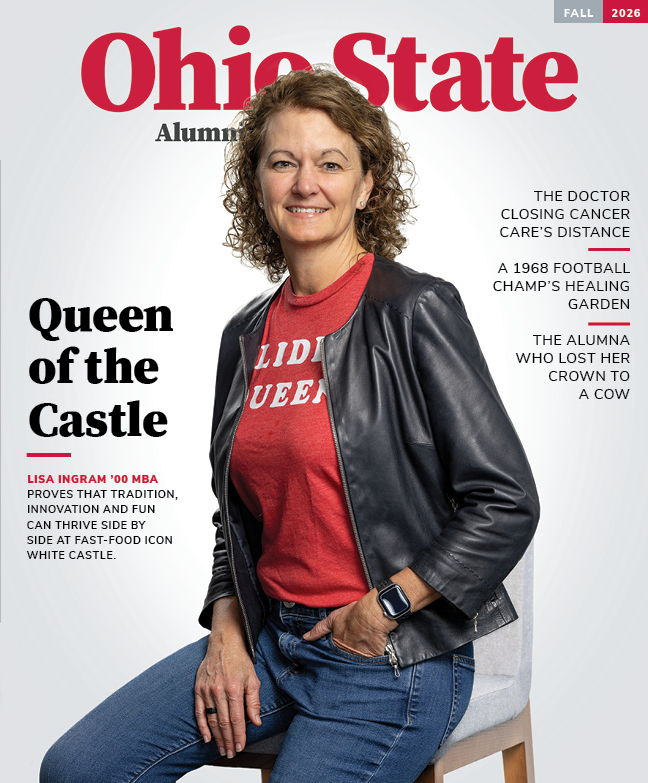 Lisa Ingram smiles from the cover of the fall 2026 issue of Ohio State Alumni Magazine. She's sitting on a stool, with one hand tucked in the pocket of her jeans. She wears a b lack leather jacket and a scarlet T-shirt that says "Slider Queen"