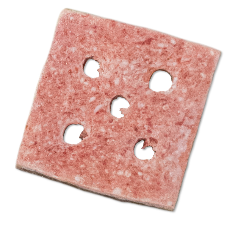 a raw White Castle burger is thin, square and has five holes