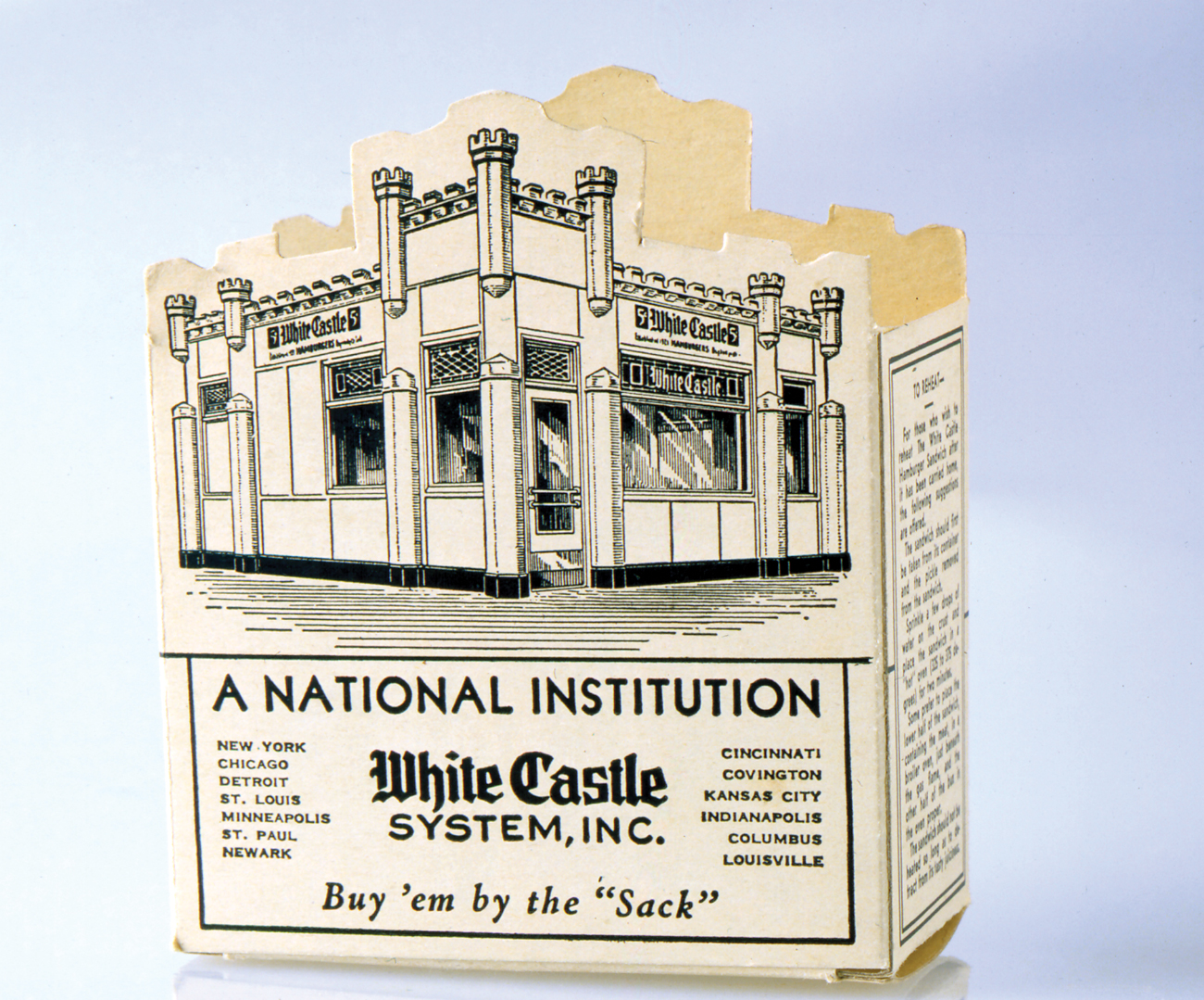 An old hamburger box is shaped like a castle