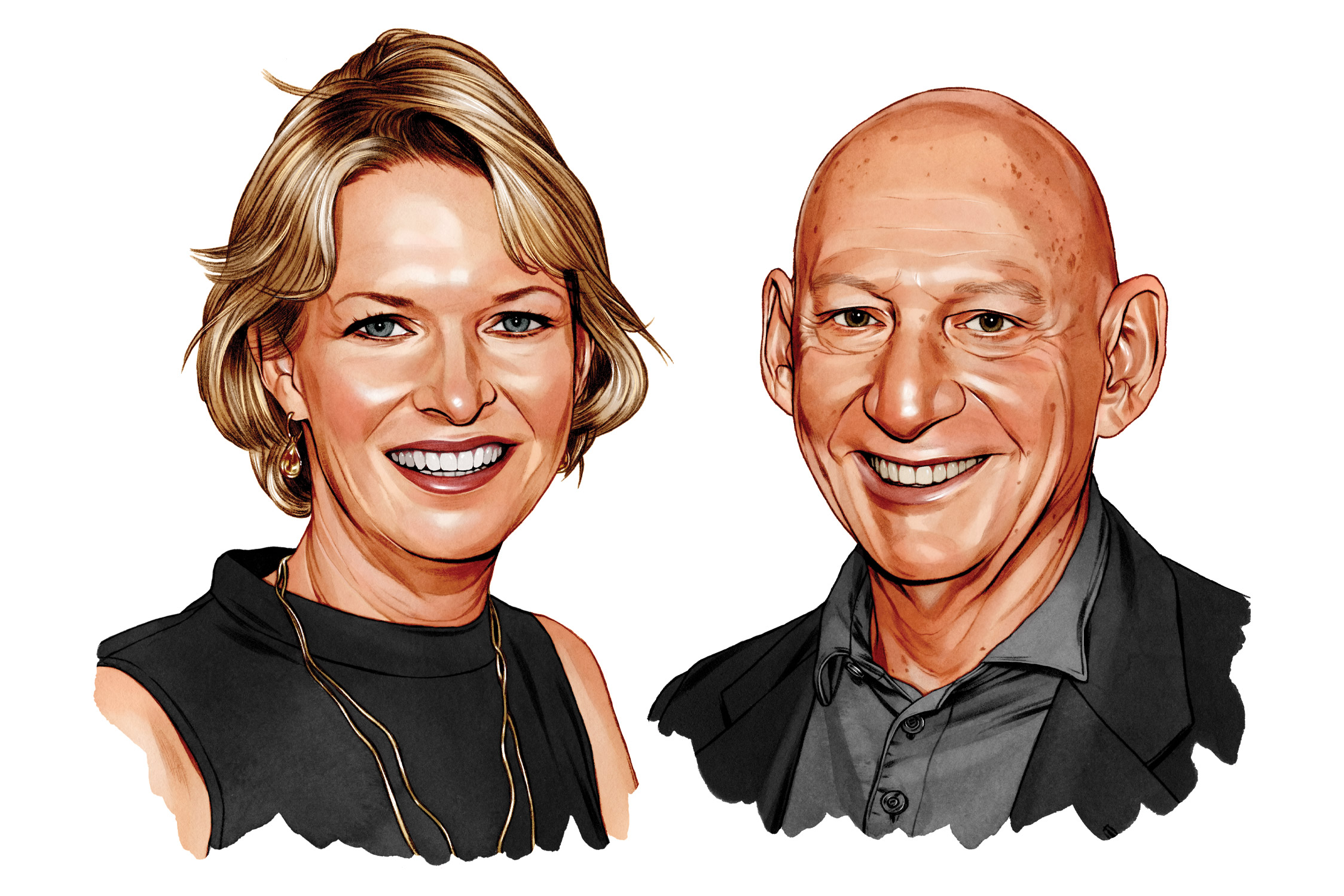 This illustration shows a white couple with big smiles. They exude friendliness