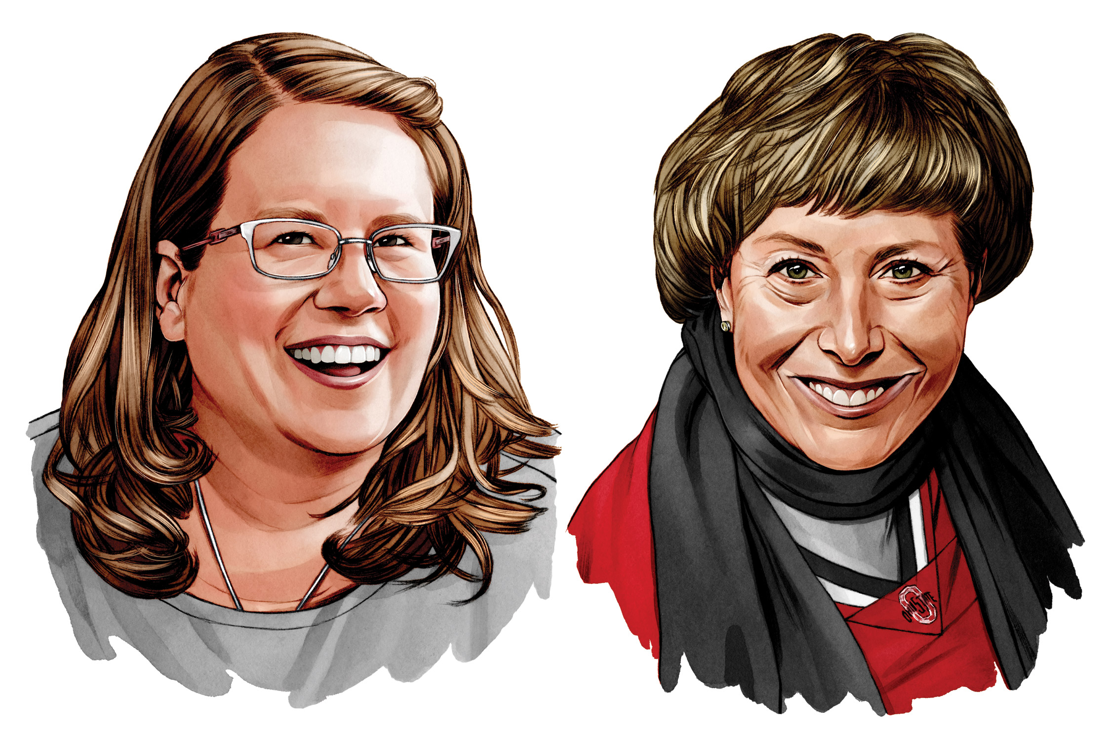 This illustration shows a pair of smiling white women. The one on th left has longer hair and glasses. The one on the right has short hair and pretty eyes.