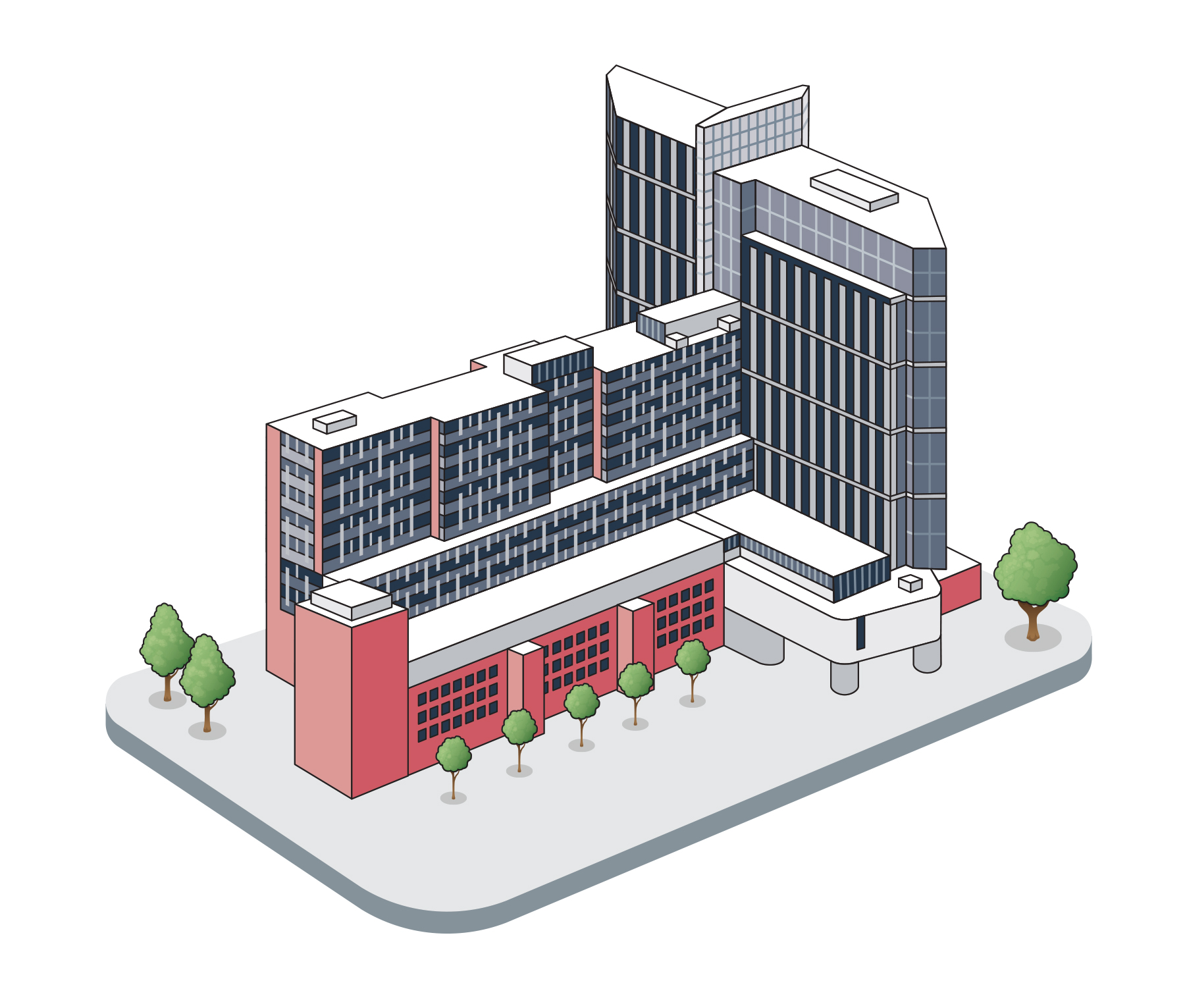 The 26-story tower is huge compared to the rest of the hospital, and is attached like the cross portion of a capital T. But the next biggest portion looks to be at least 14 stories tall. The structure is mainly covered by sleek windows.