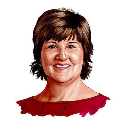 A hand-drawn illustration of Mary Alice Casey shows a woman with brown eyes, a warm smile and laugh lines that say something nice about her approach to life. The drawing is of her head and top of shoulders—she has brown eyes, short brown hair and a scarlet-colored dress.