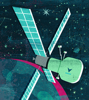 An illustration shows Starlab, a planned commercial space station that has a lightbulb-shaped section where labs and workers will be and four rectangular arms, presumably solar panels for providing power.