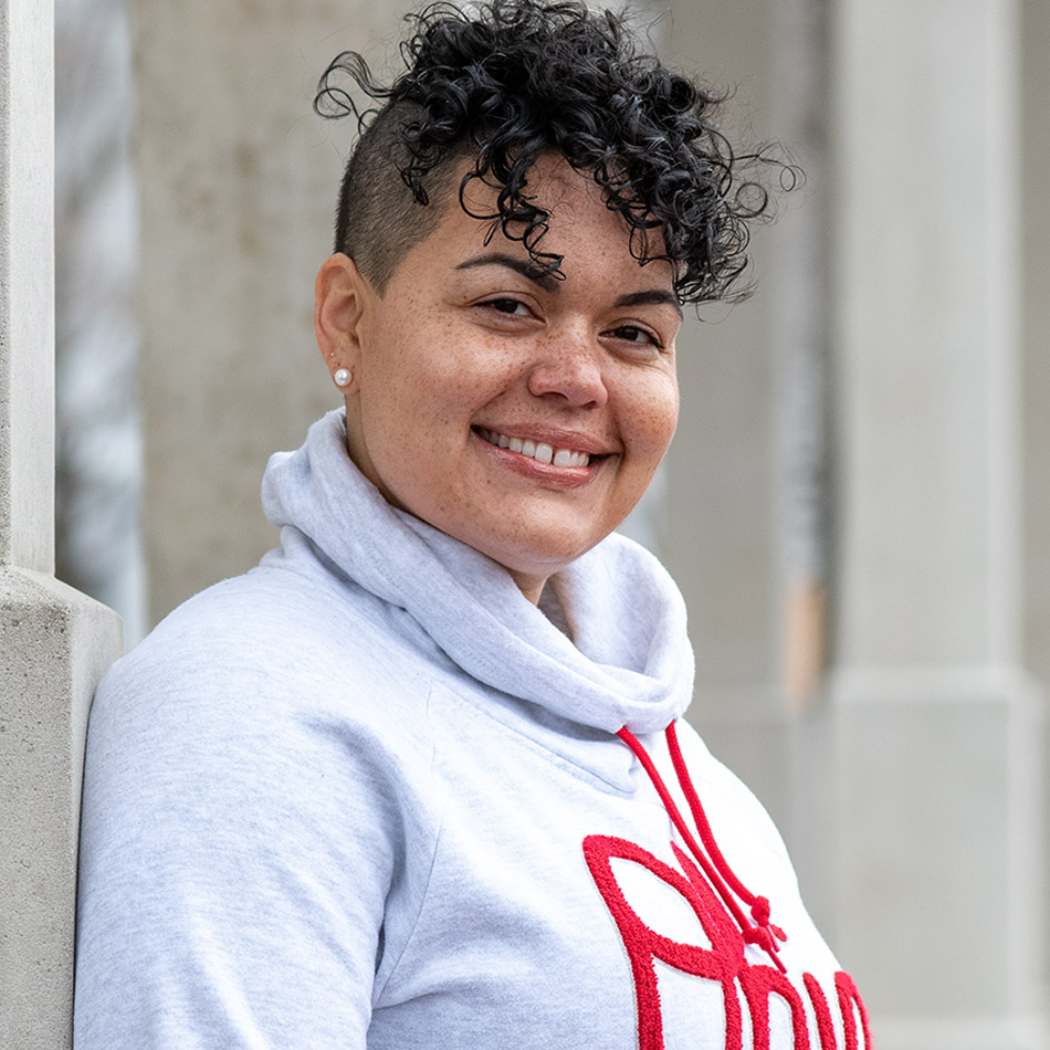 portrait of Keisha Hunley-Jenkins wearing an ohio state sweashirt smiling