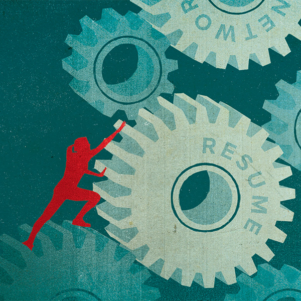 illustration of a red silhouette pushing or pulling large gears