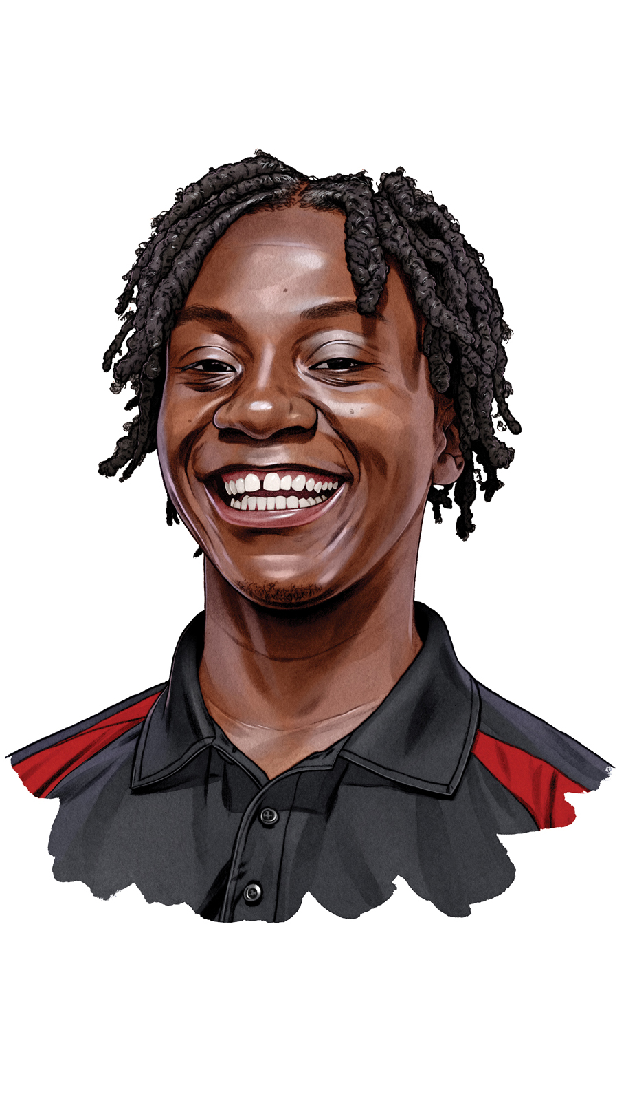 An illustrated portrait of Prince Amoako shows a young Black man with short braids. He is smiling broadly and seems friendly and happy 