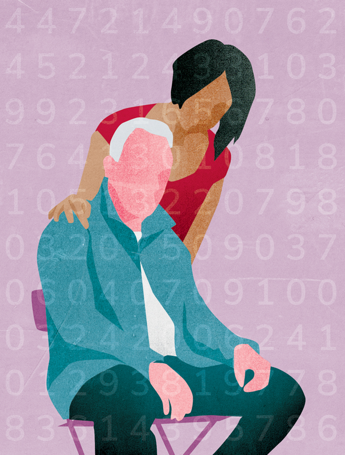 An illustration shows a caregiver leaning over an older man. Subtle lines of numbers overlay the image.&nbsp;