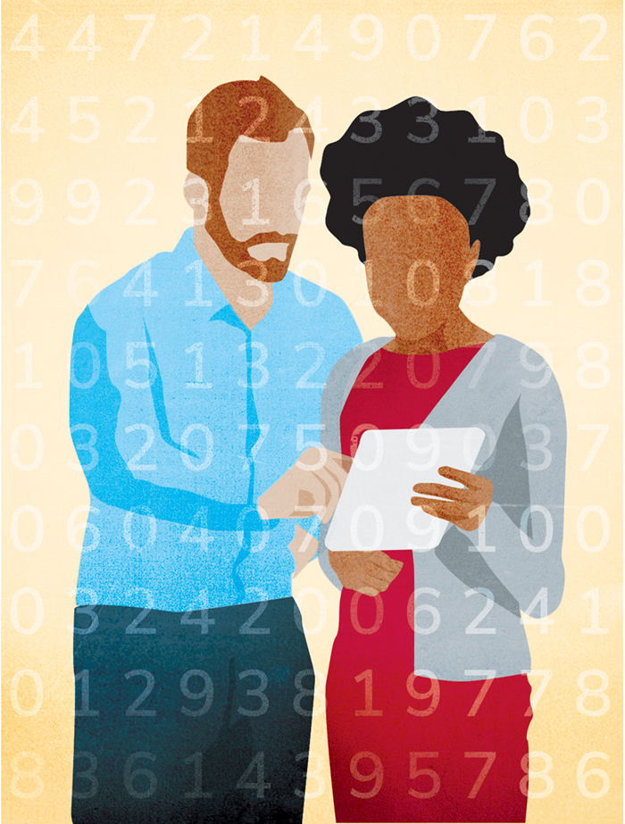 An illustration shows two people examining a piece of paper. Subtle lines of numbers overlay the image.&nbsp;