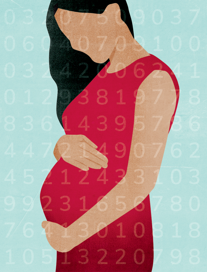 An illustration shows a pregnant woman cradling her belly. Subtle lines of numbers overlay the image.&nbsp;