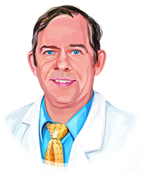 An illustration shows a blue-eyed white man with windblown-looking hair. He’s wearing a lab coat and tie.