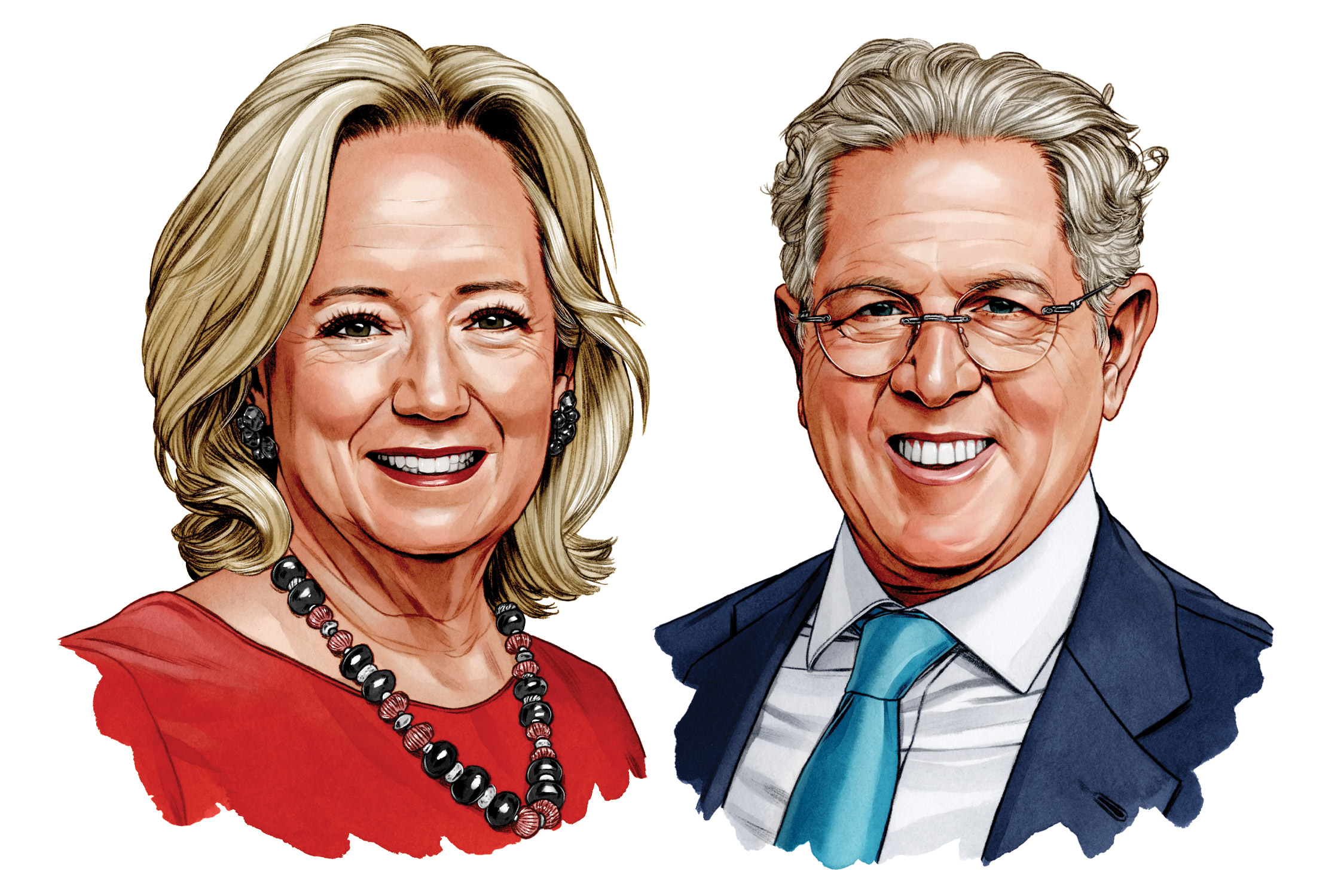 This illustrations shows Jeanie and Bob Schottenstein. She is a refined looking blond woman smiling happily and wearing Ohio State colors and a Buckeye necklace. He is a distinguished looking white man wearing wire-frame eye glasses and a suit and tie. His hair is slightly tussled.