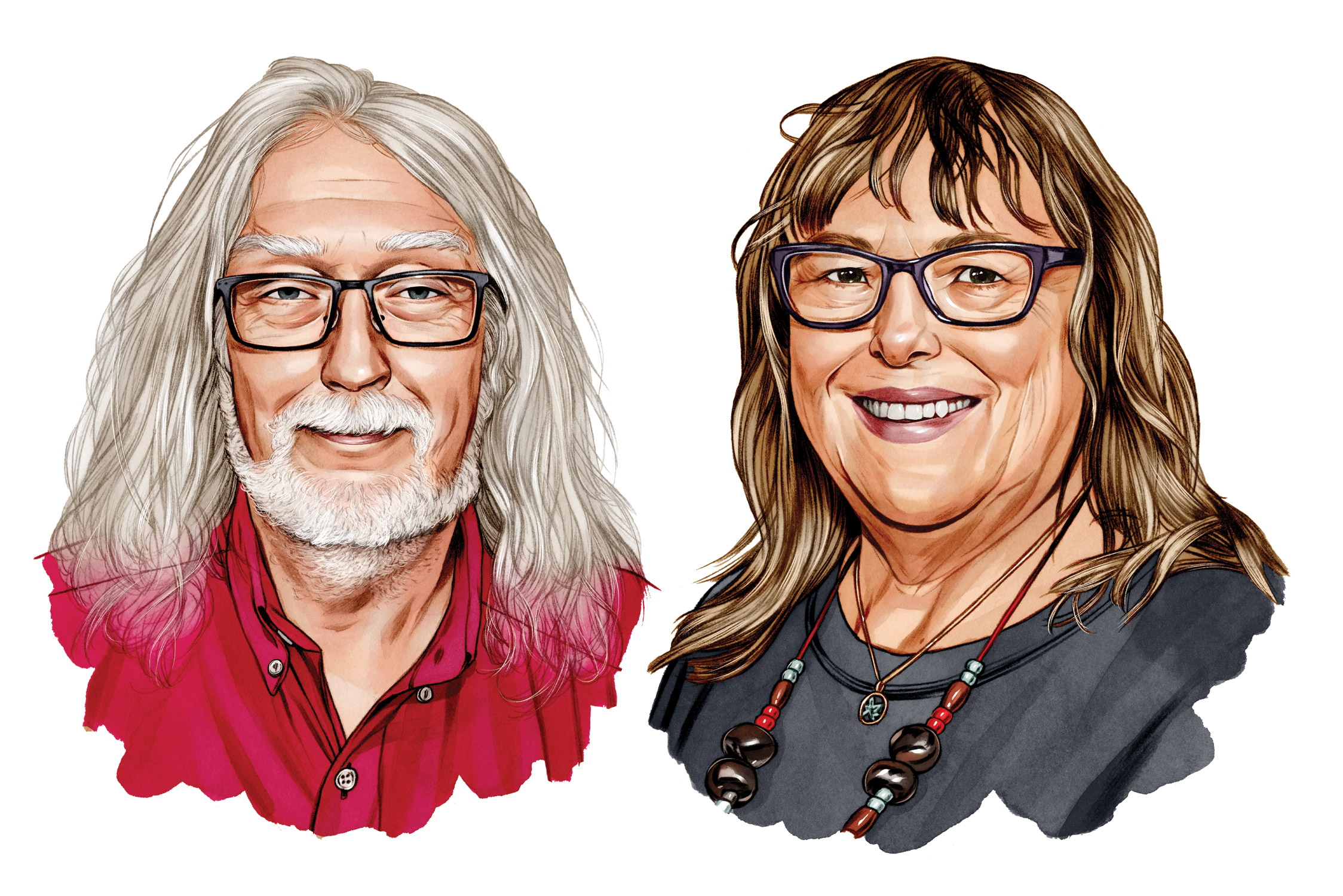 This illustration shows a white couple. Both wear glasses and smile. They appear friendly and easy-going, and like they'd be fun to have a conversation with.
