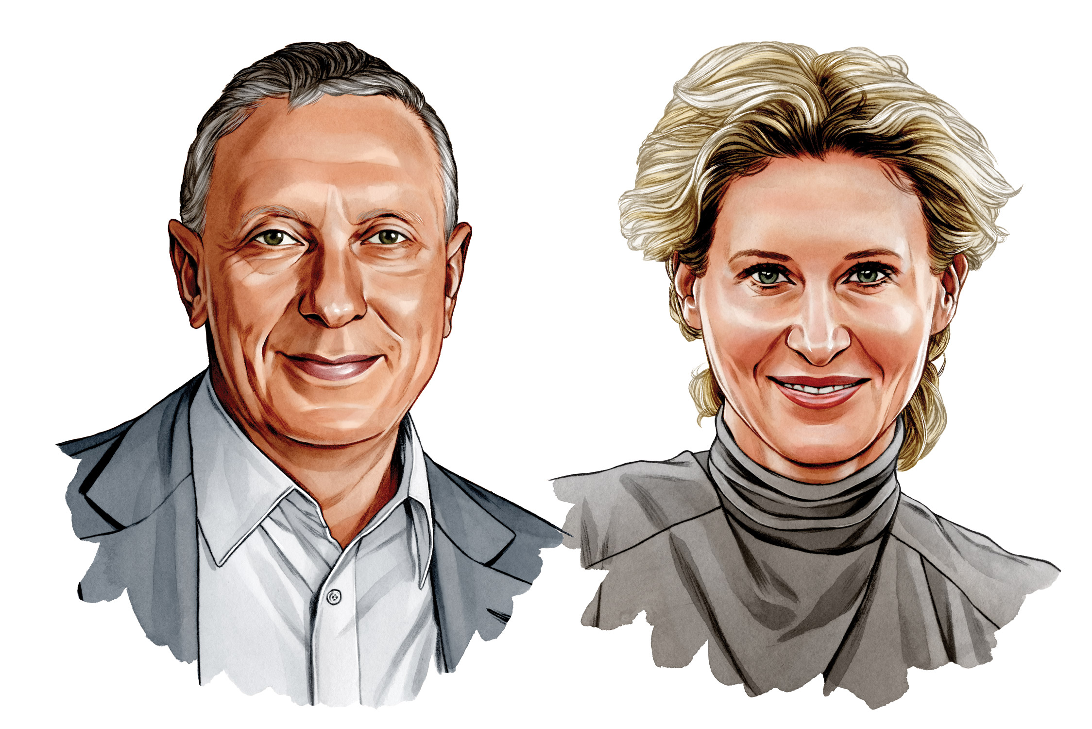 These illustrations show the Timashev couple. They're white with blue eyes and wearing semi-dressed-up, semi-casual clothes.
