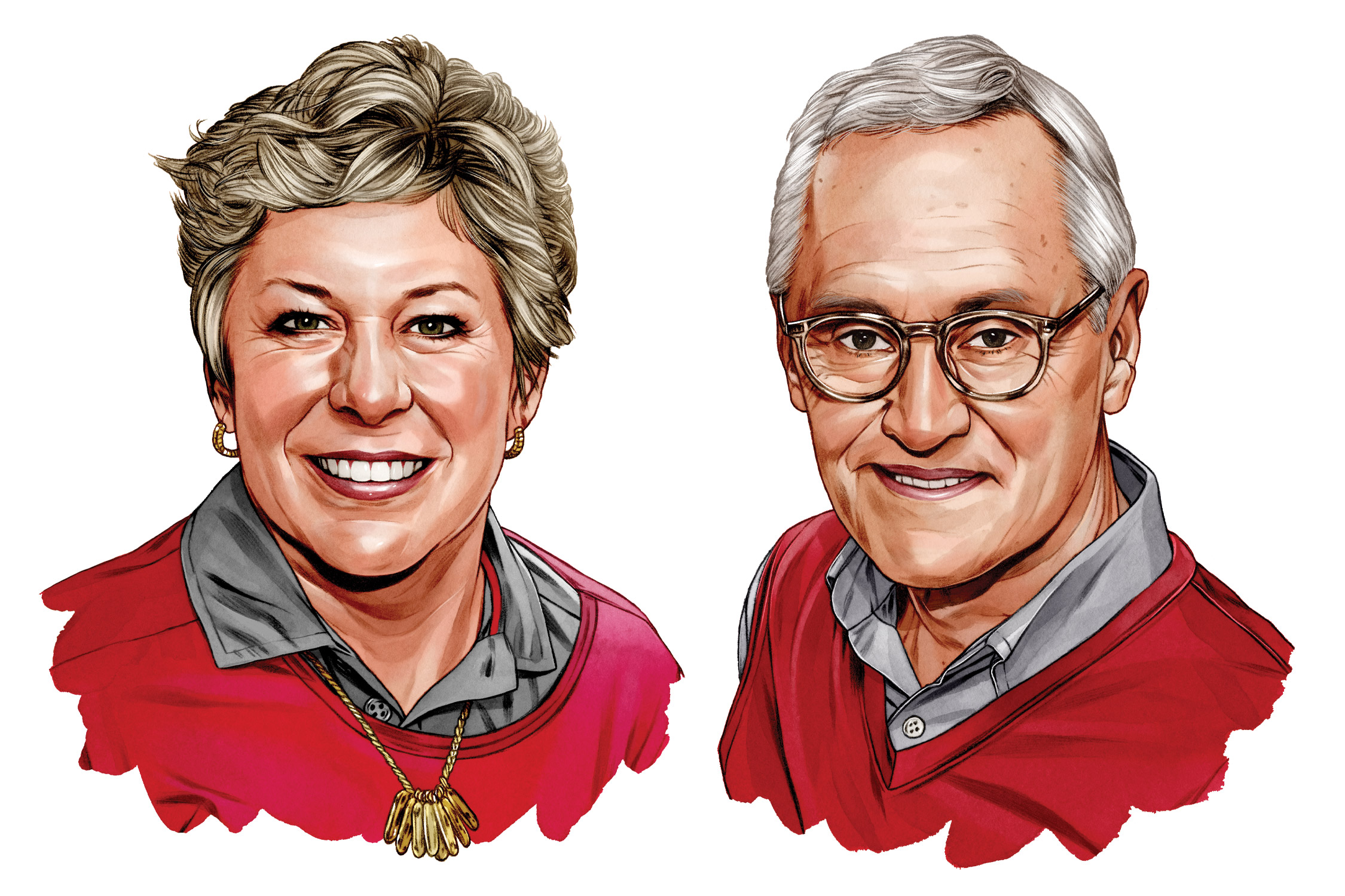 This illustrations shows Ellen and Jim Tressel, a white couple sporting scarlet and gray clothes and soft smiles.