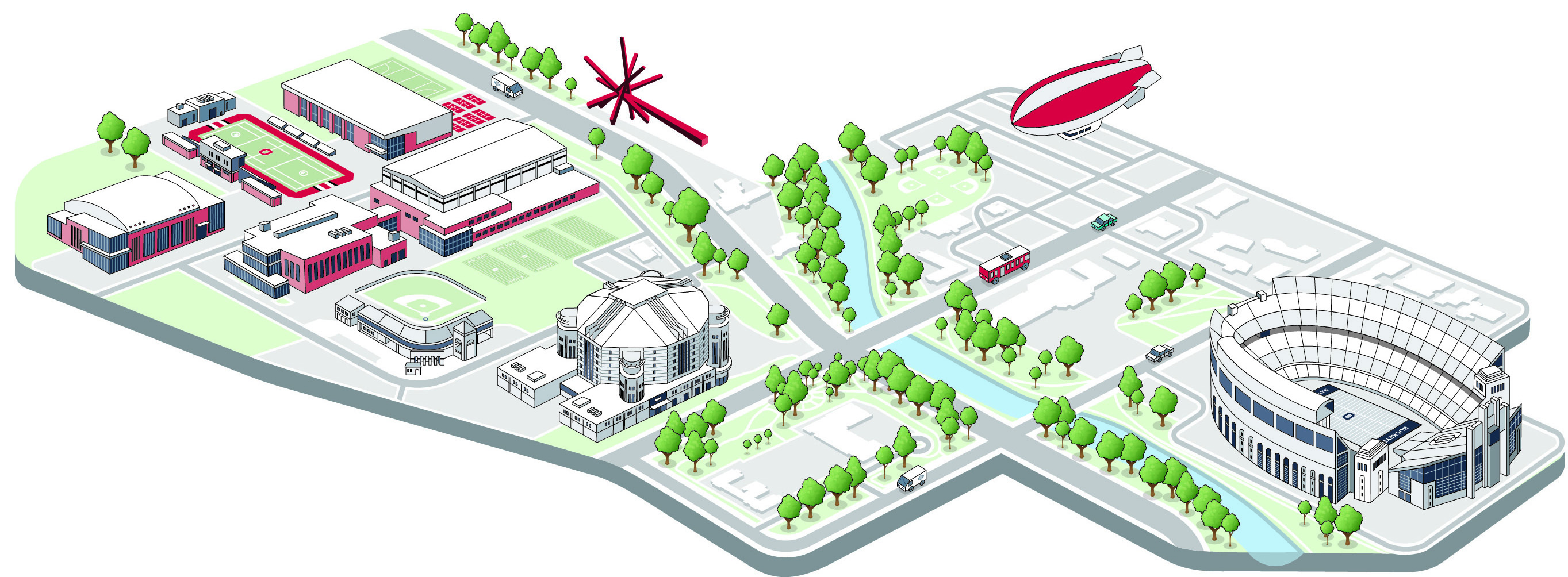 An illustrated map of campus crosses the river and Rt. 315 and shows Ohio Stadium plus other athletics buildings
