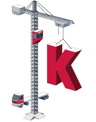 an illustrated construction crane hoists the letter K