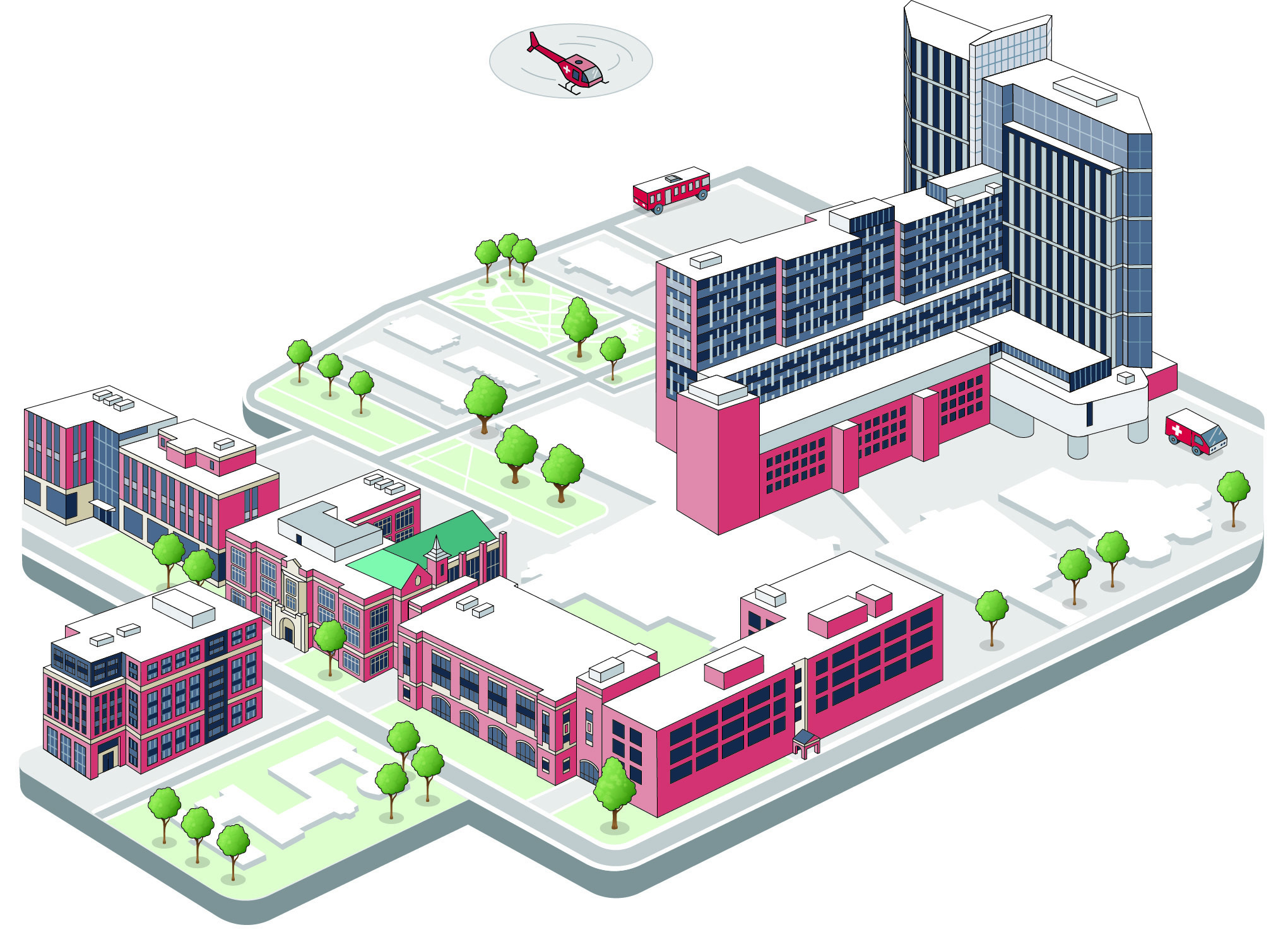 an illustrated map shown from a sky view shows the giant tower of wexner medical center plus new buildings that are much shorter.