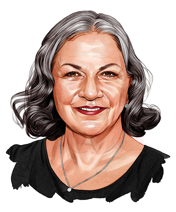 An illustration shows a smiling white woman with curled salt and pepper hair. Her expression seems as if she is interested and curious and waiting to hear more.