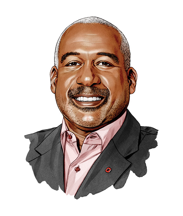 An illustration of Gene Smith shows the popular former athletic director smiling while wearing a suit coat and shirt. He's a black man with close cropped white hair and a friendly smile