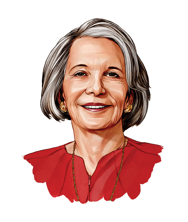 This illustrated portrait shows a good-looking white woman with gray chin-length hair, brown eyes and smile. Her lipstick matches the color of her top.