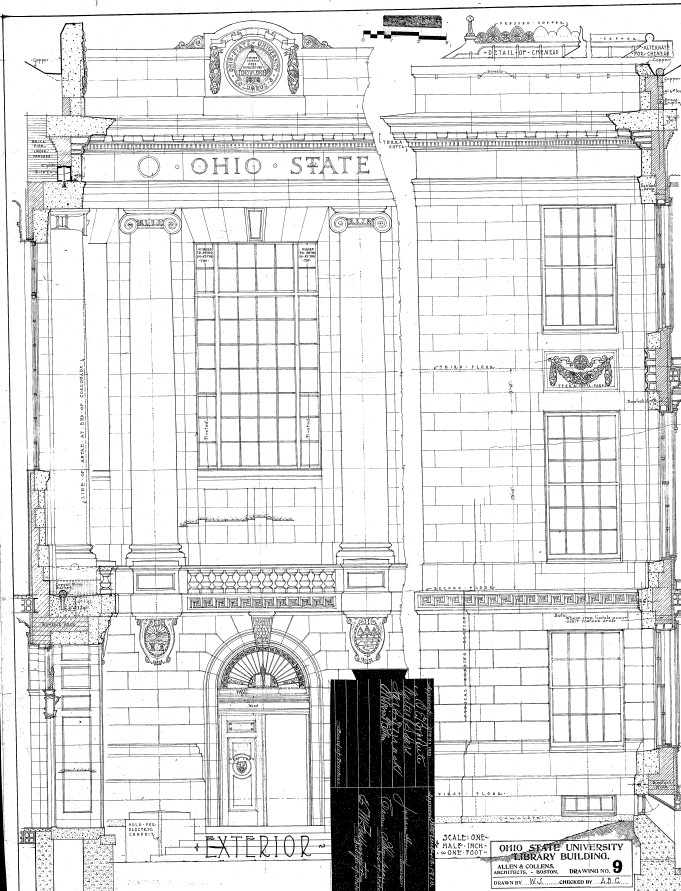 a black and white architectural drawing shows a  portion of the front of Thompson Library