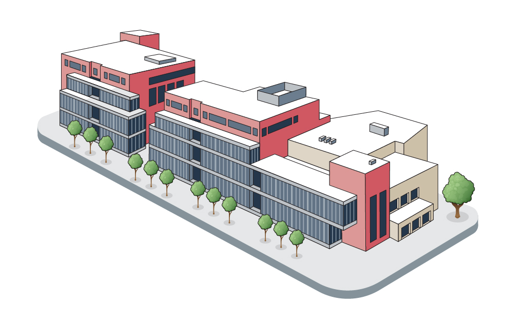 A line buildings show three-story red buildings with modern glass fronts attached to an older theater building