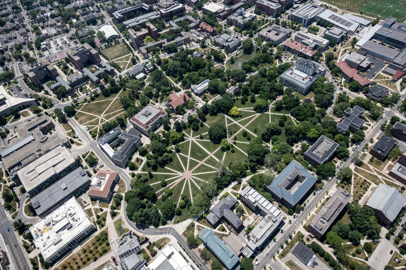 An aerial view of Ohio State's campus shows the paths on the Oval