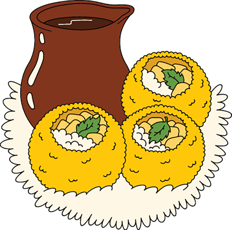 An illustration of the phuchka dish, which are round cups filled with bits and a small pitcher of sauce