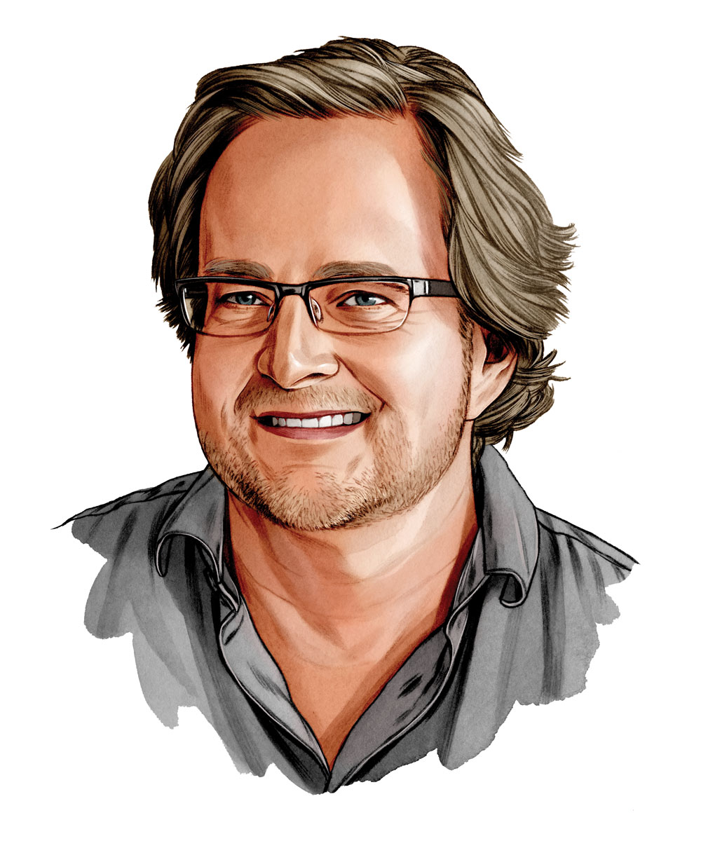 AN illustration of Blake Wagner shows a white man with attractively shaggy hair and glasses