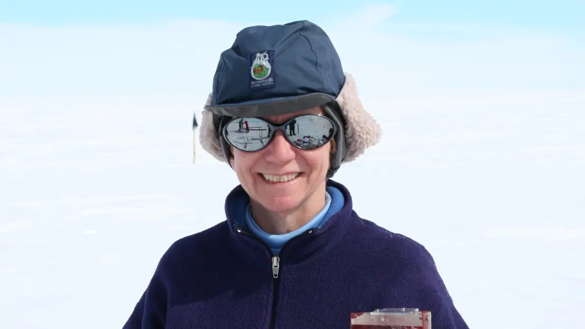 Ellen Mosley-Thompson in blue snow cap and coat