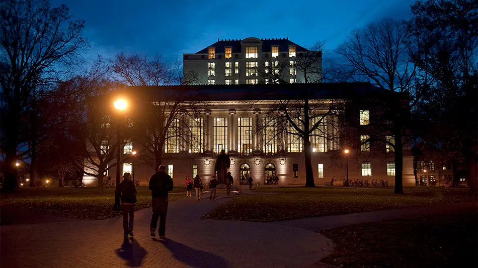 Thompson Library illuminated at night