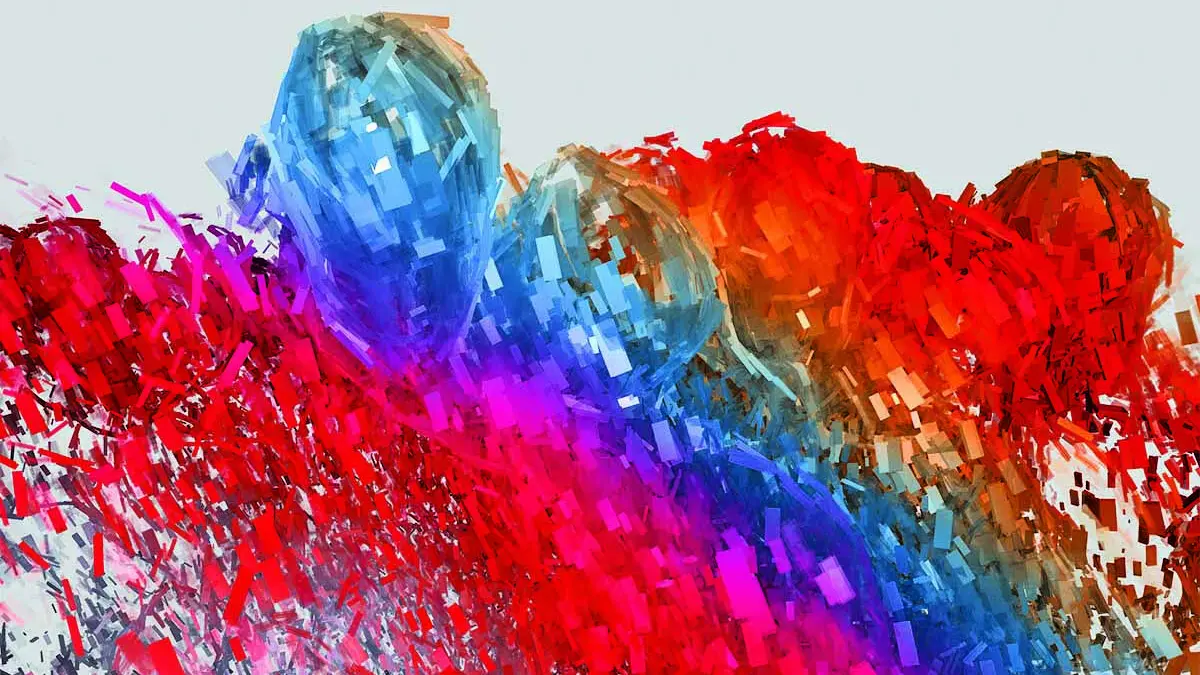 Thousands of digitally rendered and colorful and overlapping rectangular planes vaguely reveal a group of human figures