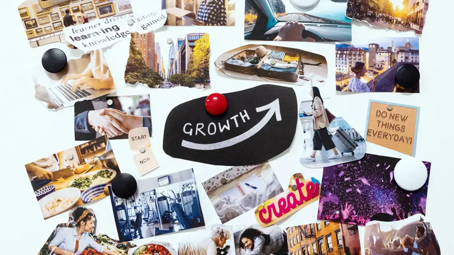 Pictures with torn edges represent New Year’s resolutions: They show travelers and foreign city skylines, friends helping one another and things people can do to be healthy.