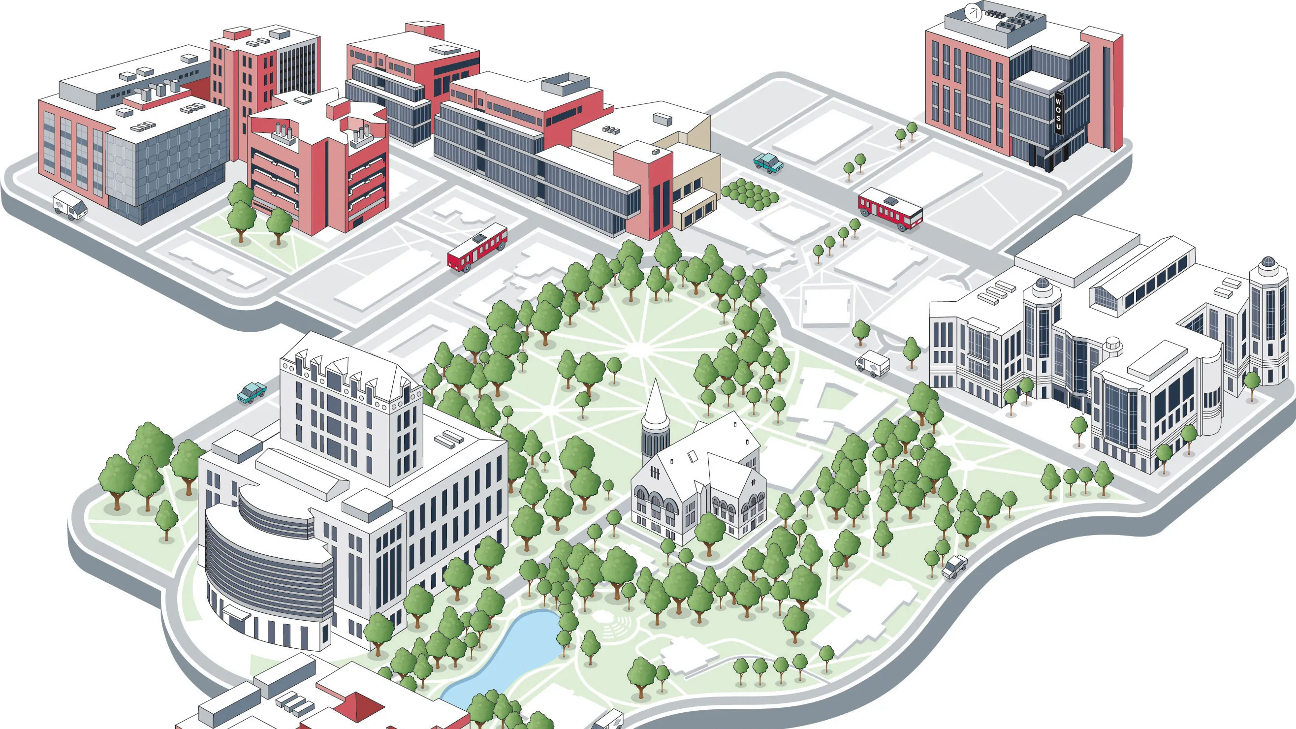 An illllustrated map shows, from a sky view, the Oval and iconic Ohio State buildings such as Thompson Library and the Union, as well as new builds, which are shown in more colors than the classics are.