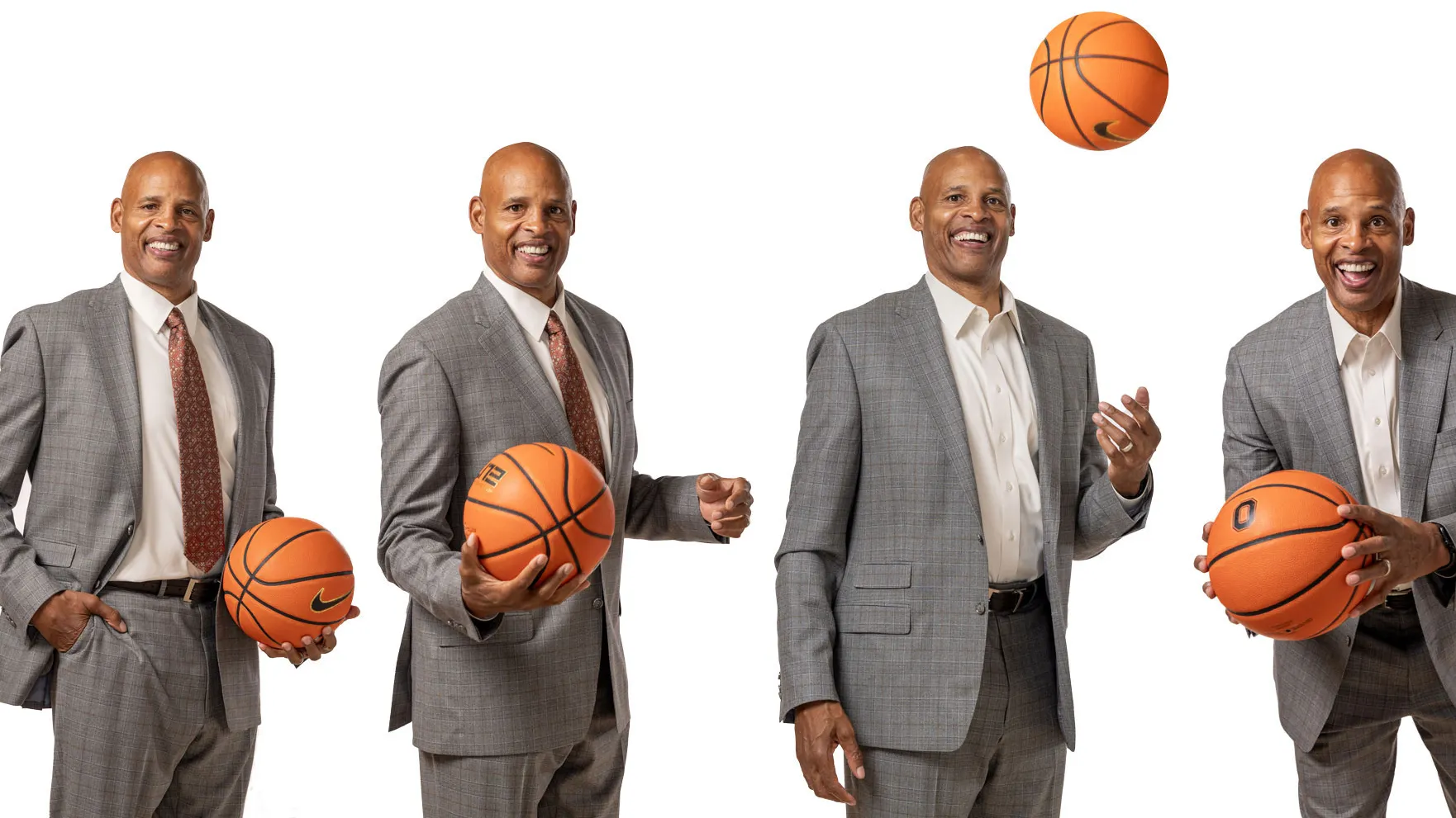 Clark Kellogg grins as he poses with a basketball in four panels. He wears a suit and alternately holds the ball, holds it out as if offering it to you, tosses it in the air and holds it forward in a basketball playing stance.