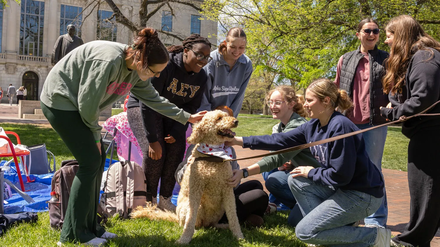 More than 7 Ohio State students gather around the Bellamkondas' dog to share some affection. The dog seems quite pleased by the attention.