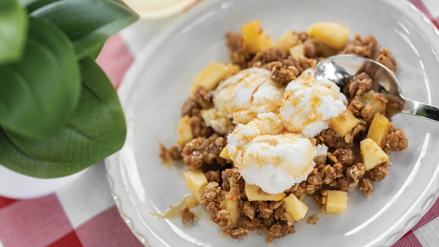 A plate holds a serving of apple crisp topped with scoops of ice cream. Pieces of cooked apples and crumb topping are visible around the ice cream. A spoon rests on the plate. 