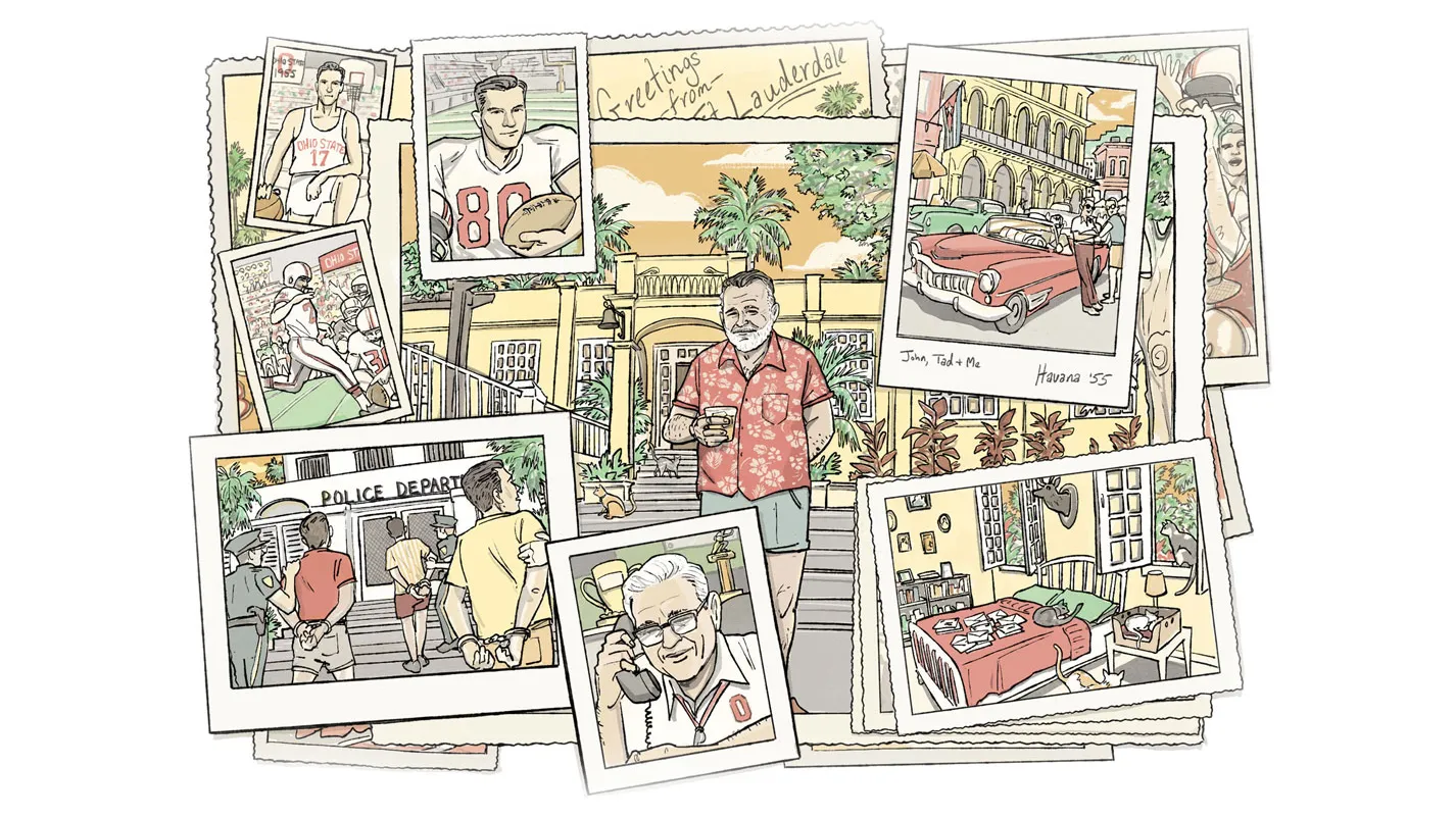 An illustrated collection of old photos shows a 1960s car, Ernest Hemingway holding a drink on his front steps, Ohio State athletes and three young men in handcuffs going into a police station.
