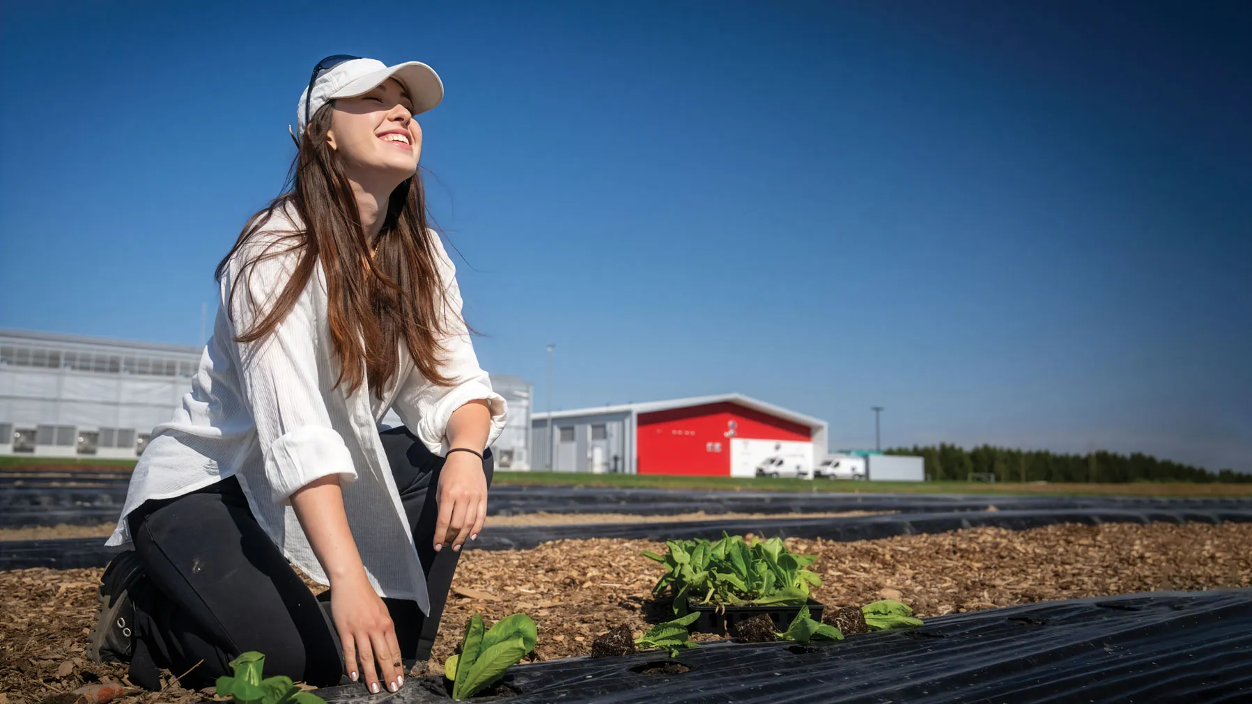 A young white woman with long hair and wearing a baseball cap crouches in a field as she plants lettuce. She has her face turned up toward the sky, smiling as she feels the sunlight on her skin.