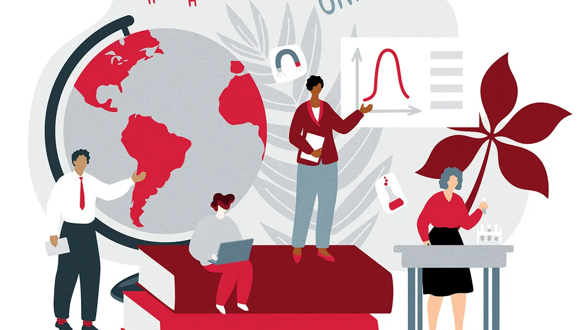 An illustration shows teachers in various scenes, such as working at a lab table and explaining a chart