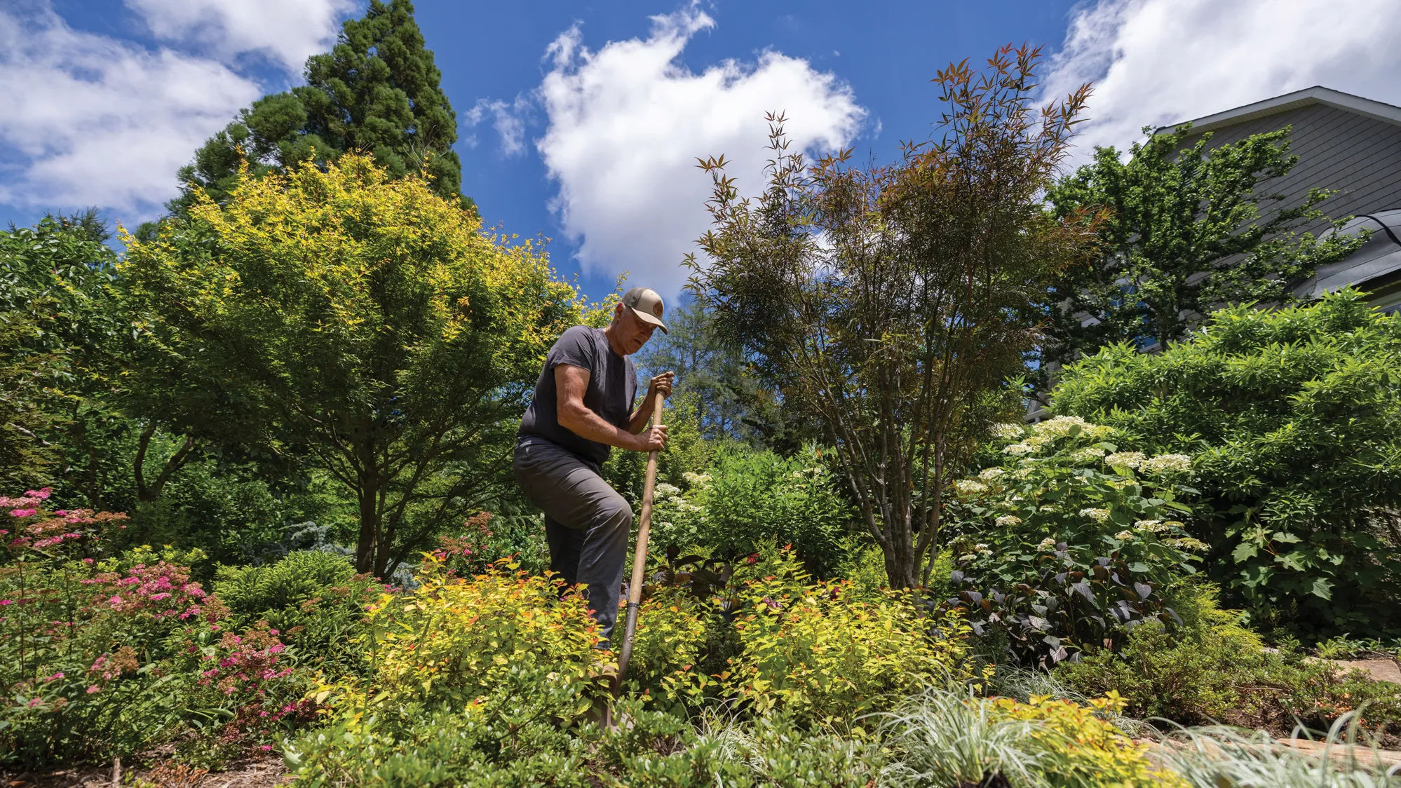 Chuck Hutchison digs with a tall shovel in the middle of a flower bed. He's surrounded by lush greenery he planted and a beautiful sky with cotton candy puff clouds.