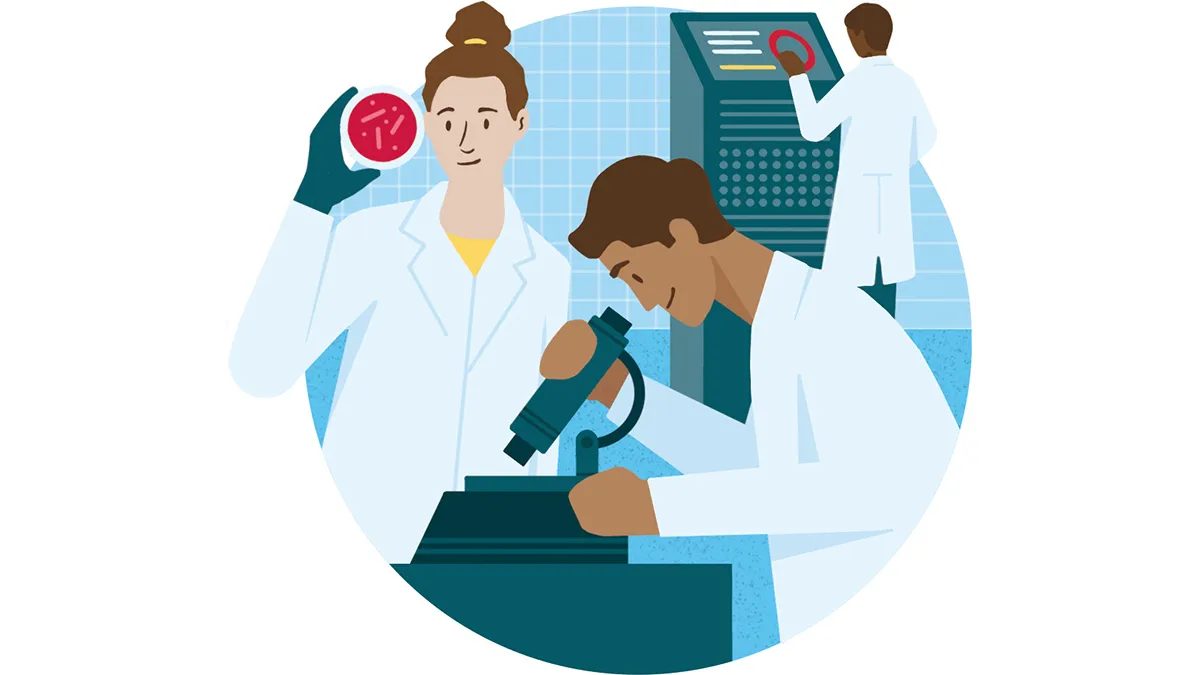 An illustration shows scientists working with equipment