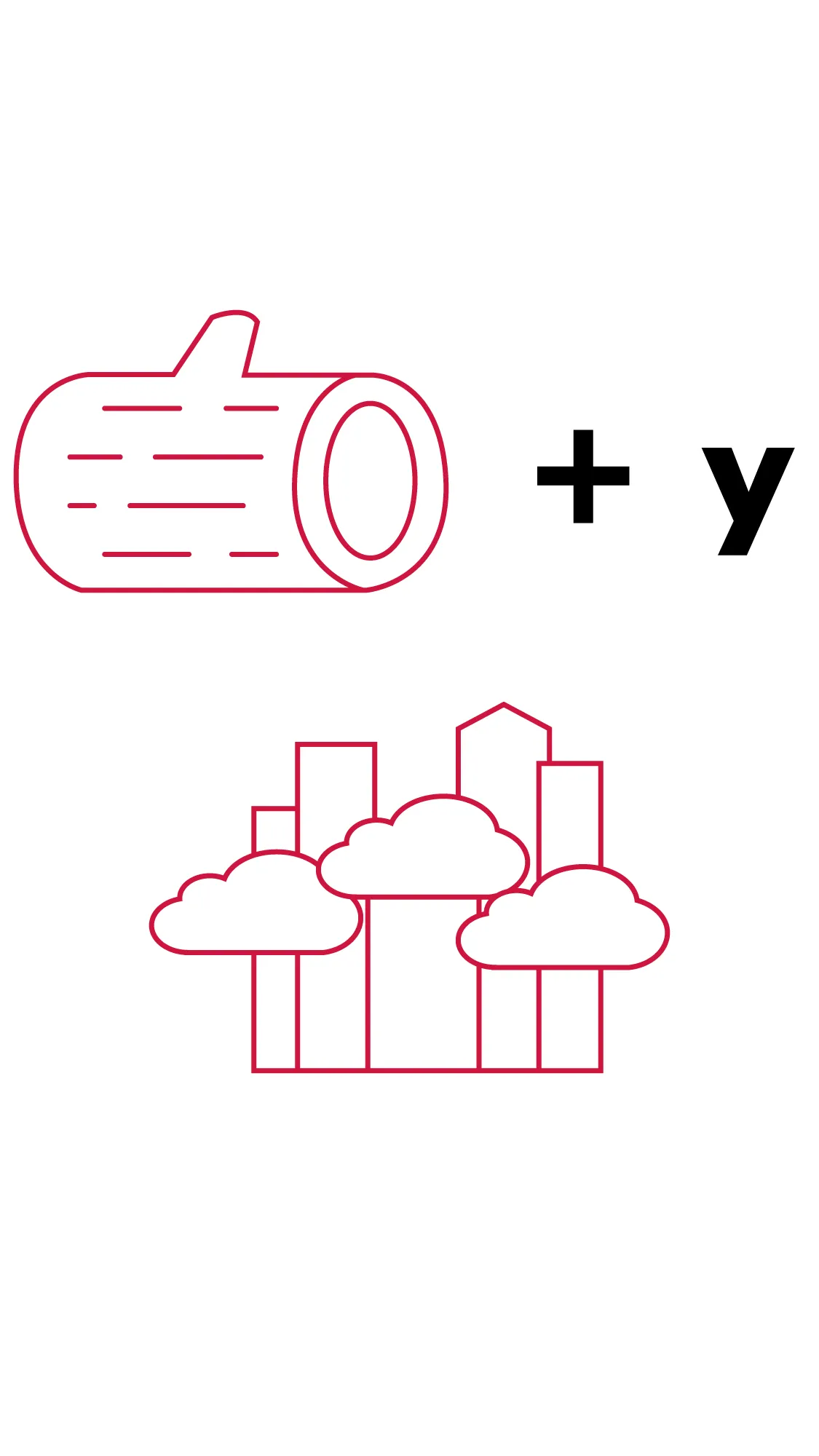 First line: a log on its side, a plus sign, the letter y   Second line: A city skyline with clouds all around the tops of the buildings 