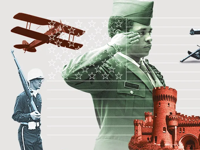 Photo collage of historical photos from the military, including a plane, a man saluting, and a woman in uniform.