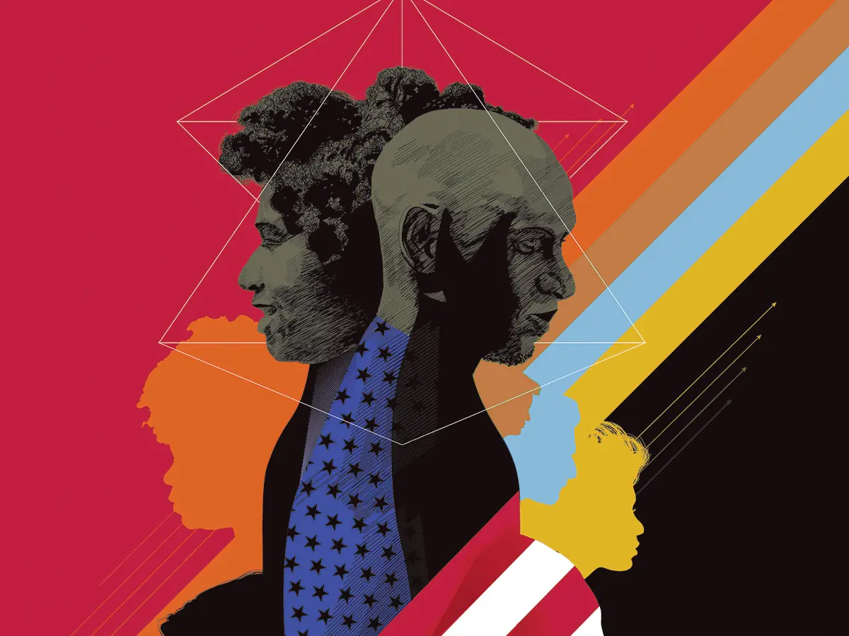 Colorful illustration of many diverse faces looking in different directions