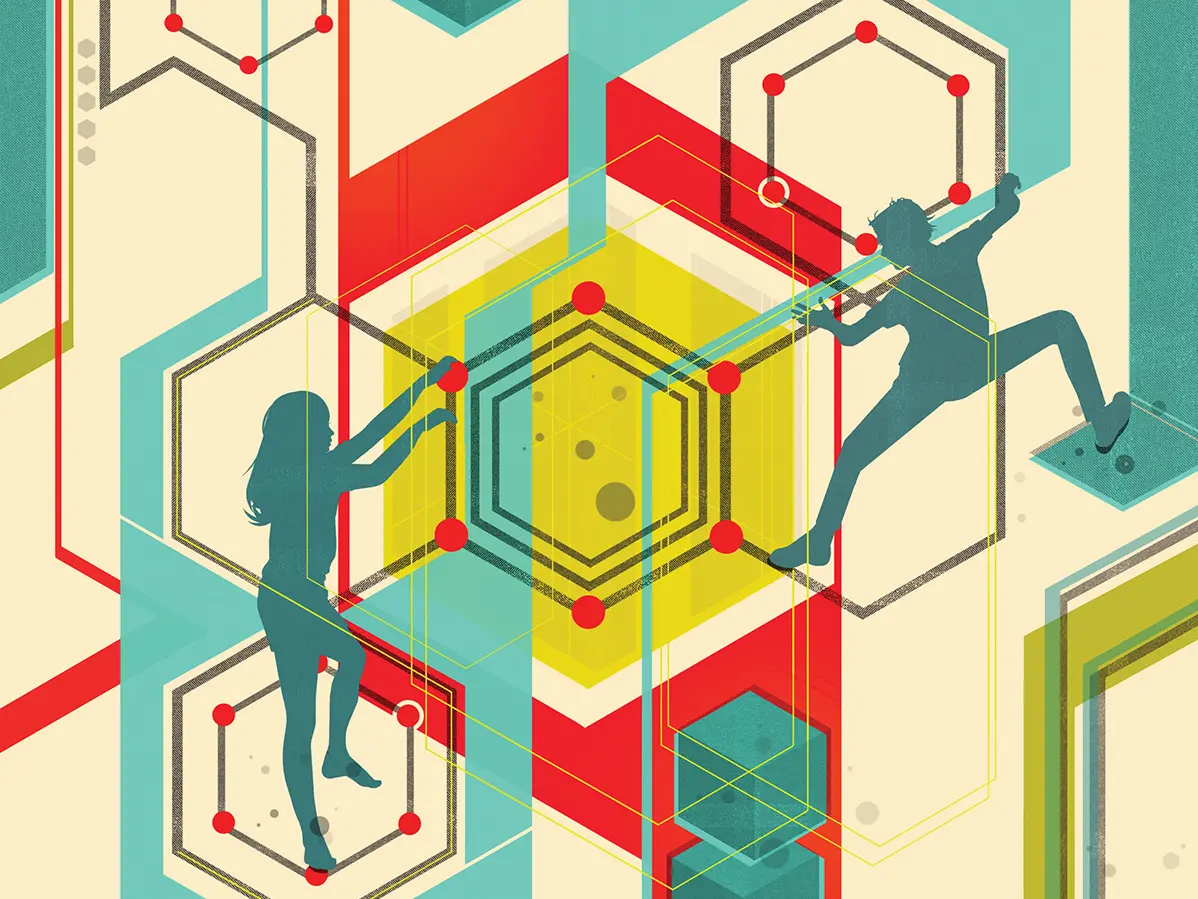 An illustration shows silhouettes of kids climbing a wall of hexagons, which represent the shape of hormones 