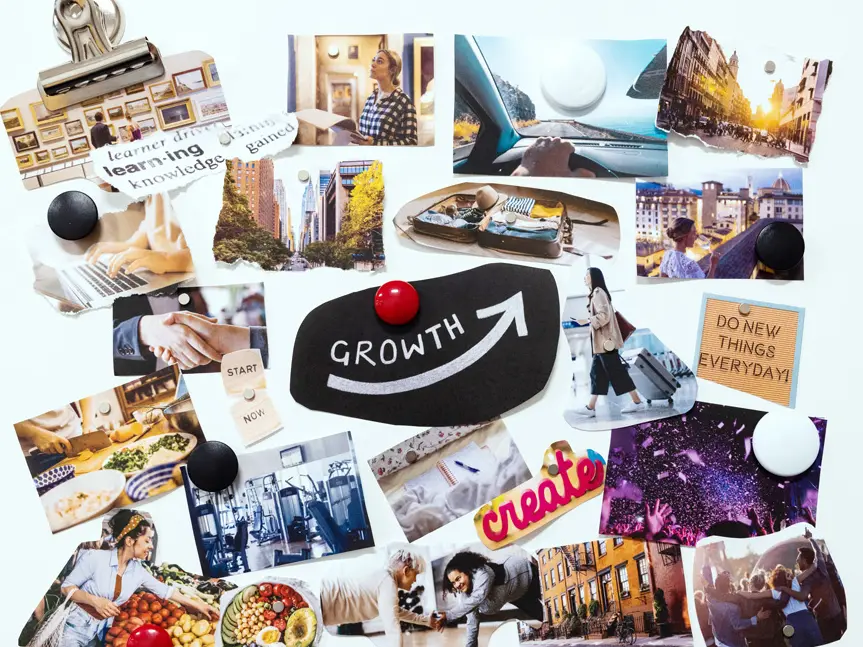 Pictures with torn edges represent New Year’s resolutions: They show travelers and foreign city skylines, friends helping one another and things people can do to be healthy.