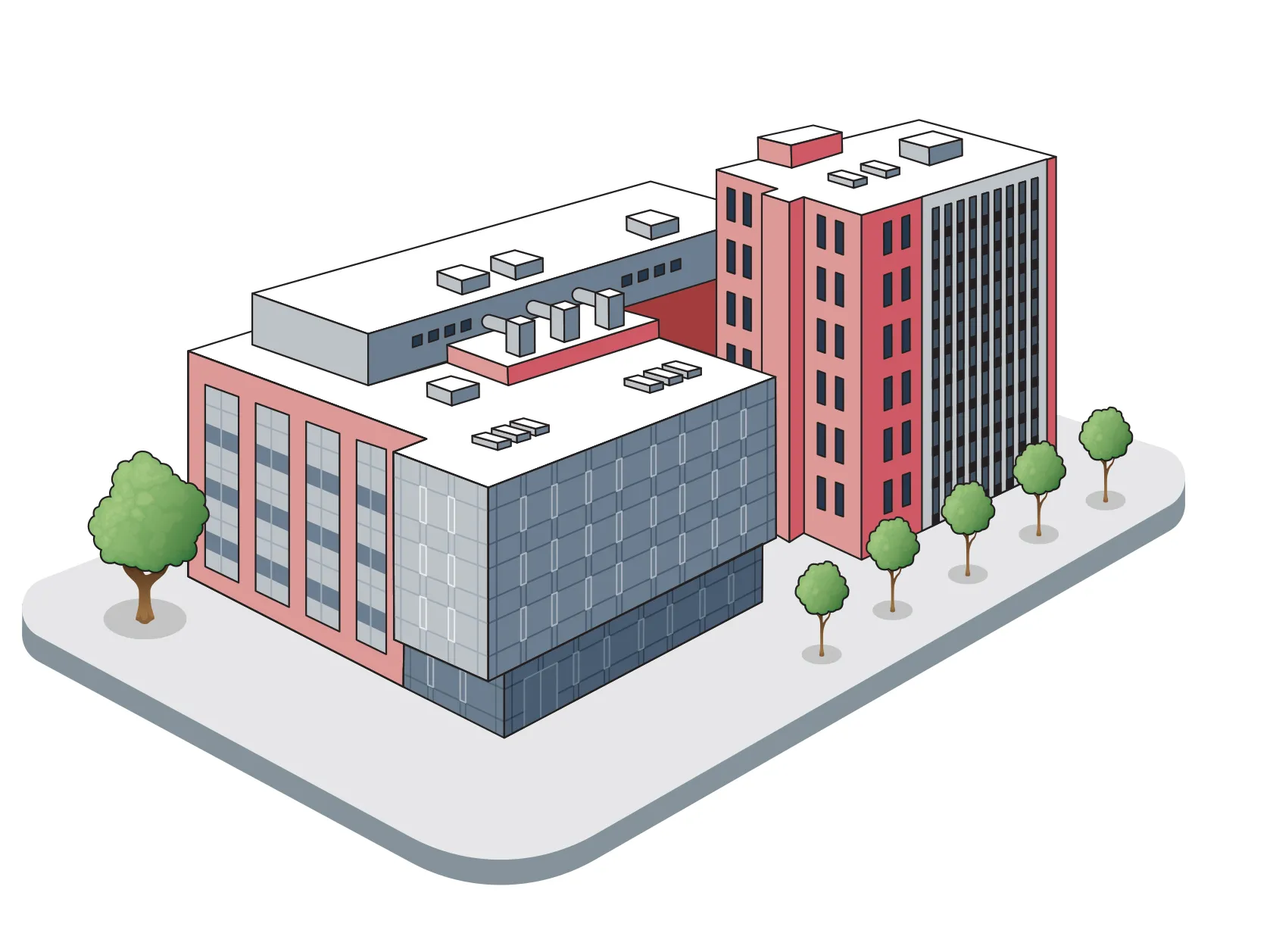 A 6-story tower in red and graycaps the top end of a building shaped like the letter C the rest is about four stories tall