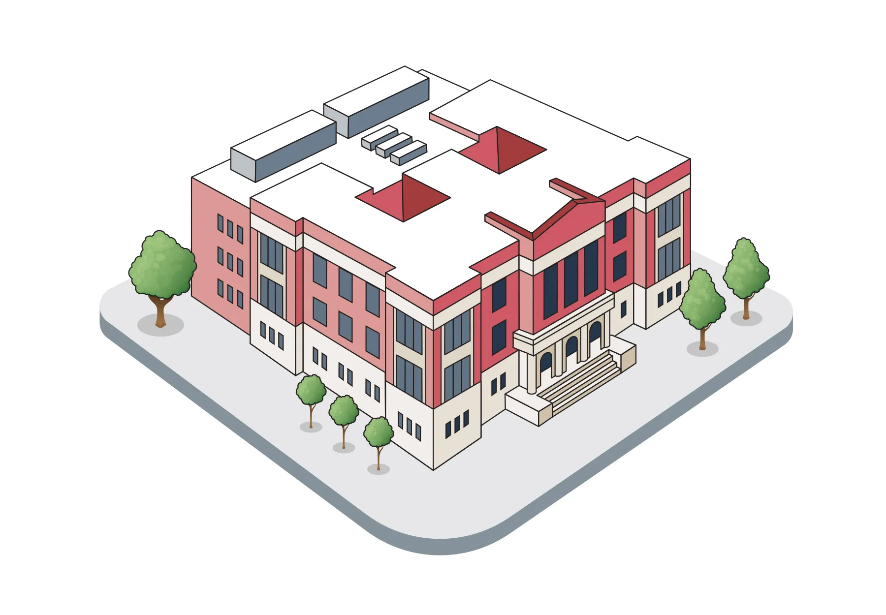 A 3-story rectangular building has a classic front and plainer back extension. The roof seems as though there may be some open air courtyards in the middle